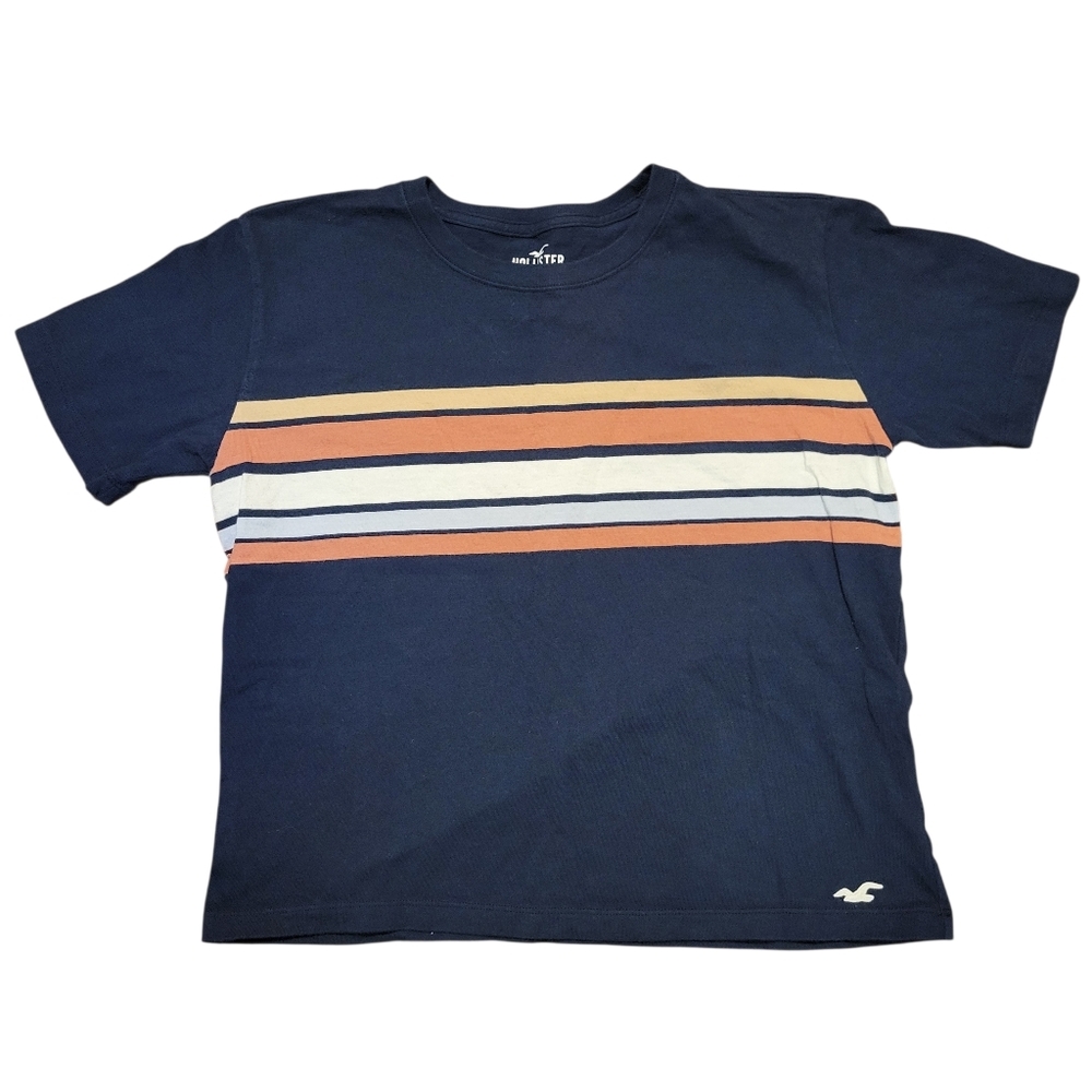 Hollister Must-Have Collection Navy Blue Orange Yellow White Stripe Tee Shirt
